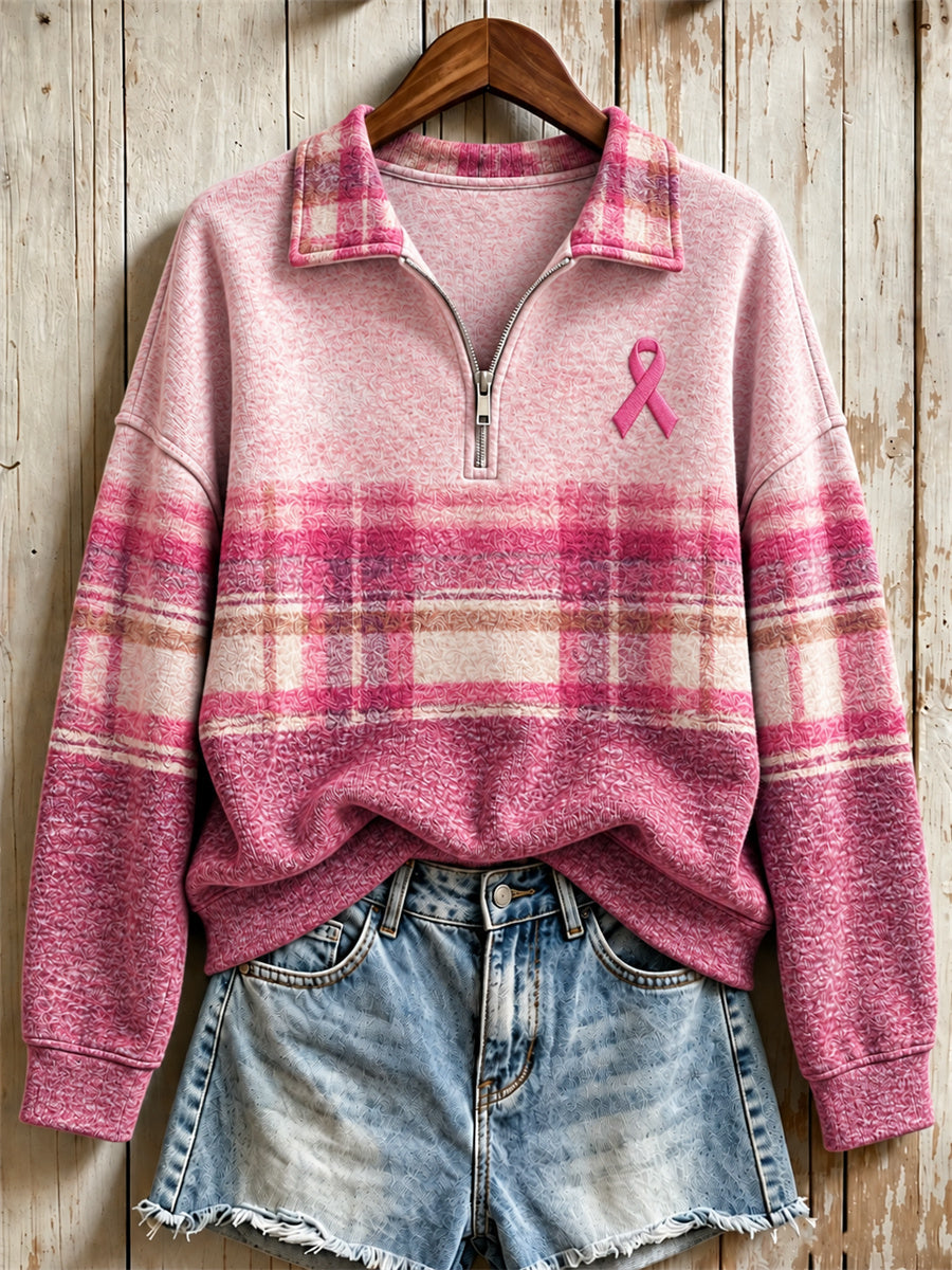 Kvinders brystkræft Pink Ribbon Plaid Colorblock Print Zip op sweatshirt